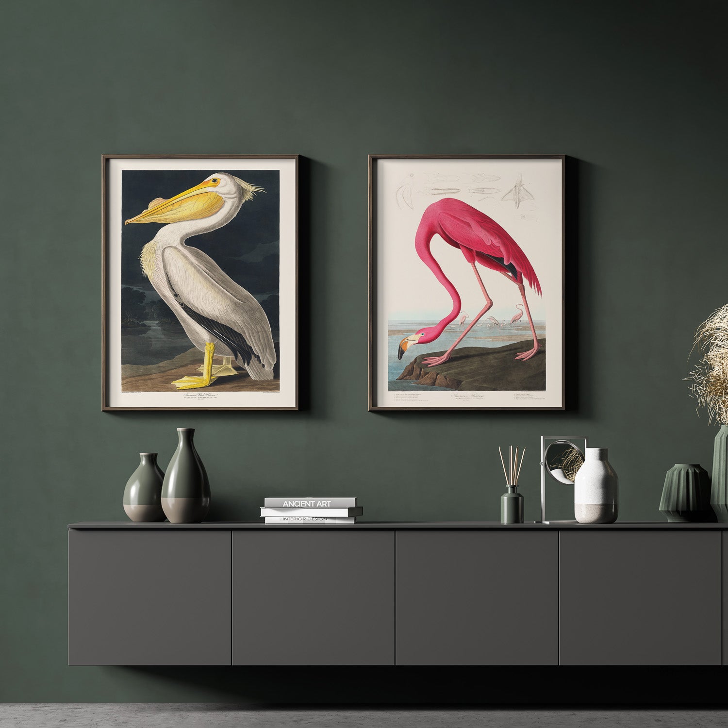 Tavla med vintagekonst föreställande en vit pelikan och en rosa flamingo