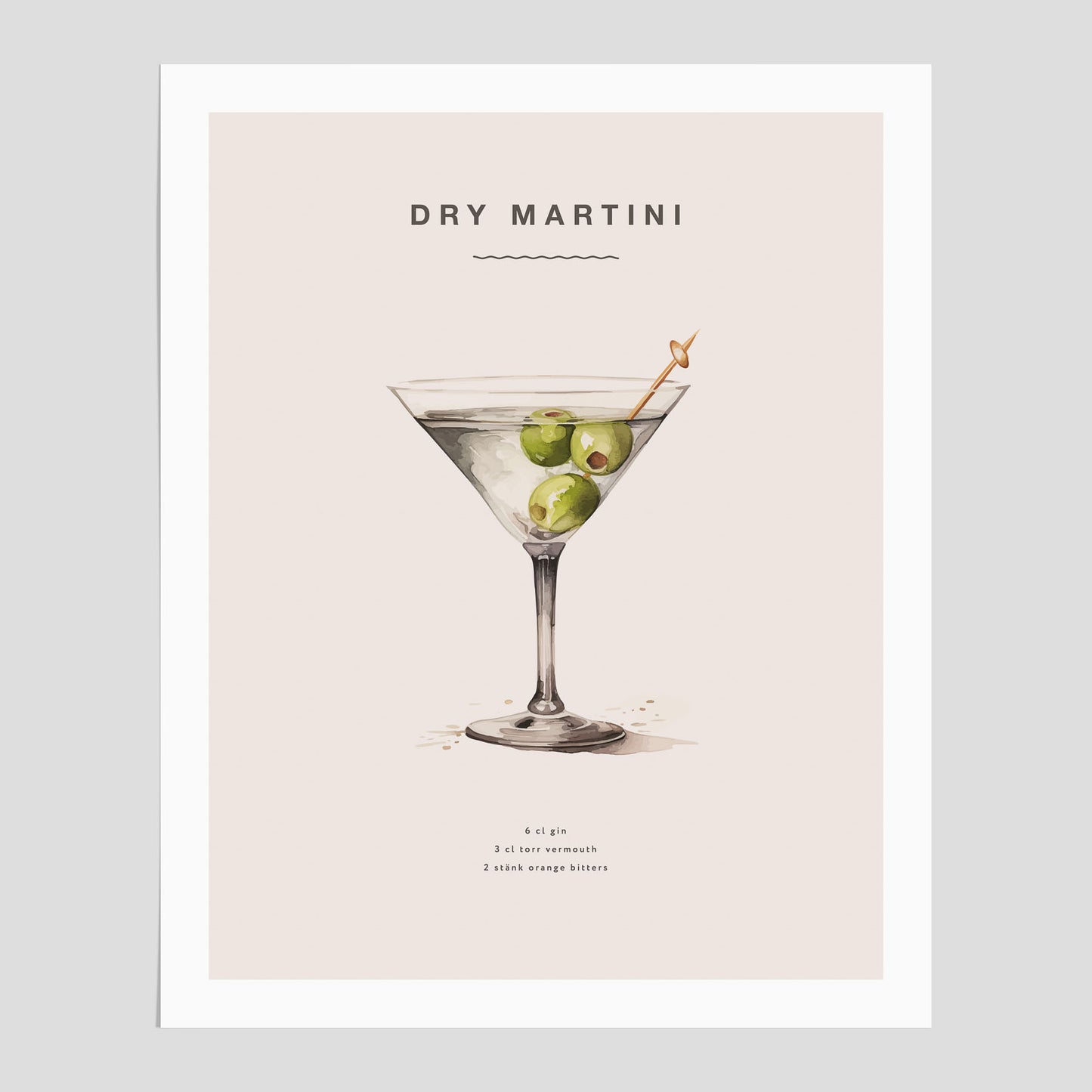 Dry Martini Poster – Affisch med drink, drinkposter med cocktail, Dry Martini recept poster