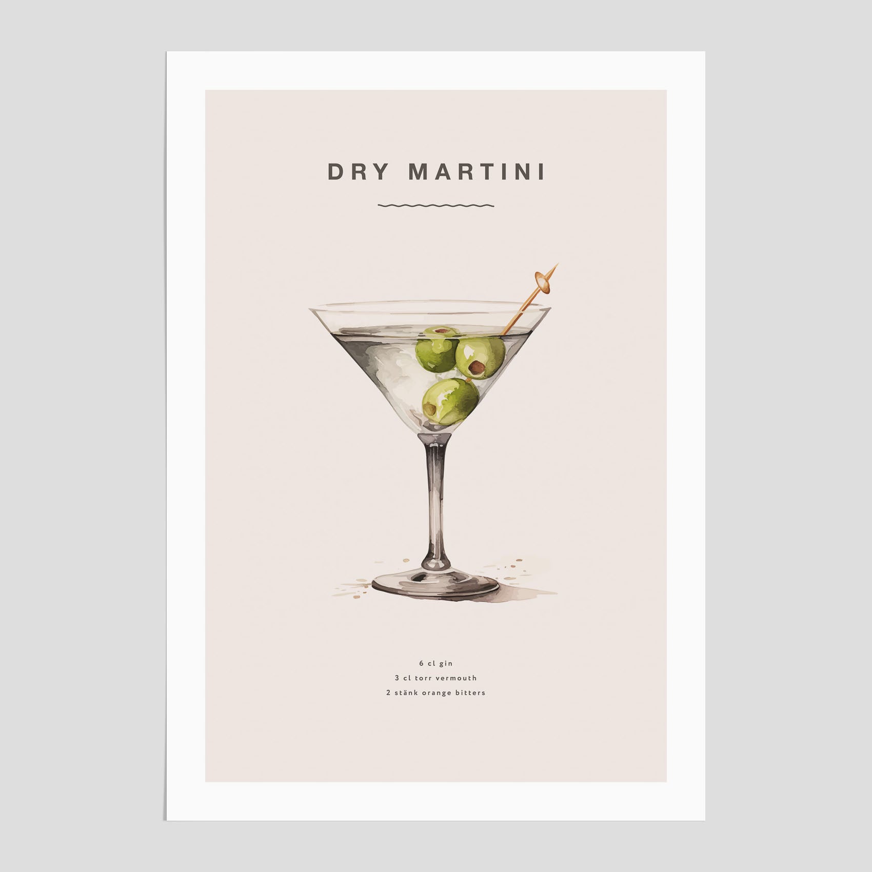 Dry Martini Poster – Affisch med drink, drinkposter med cocktail, Dry Martini recept poster