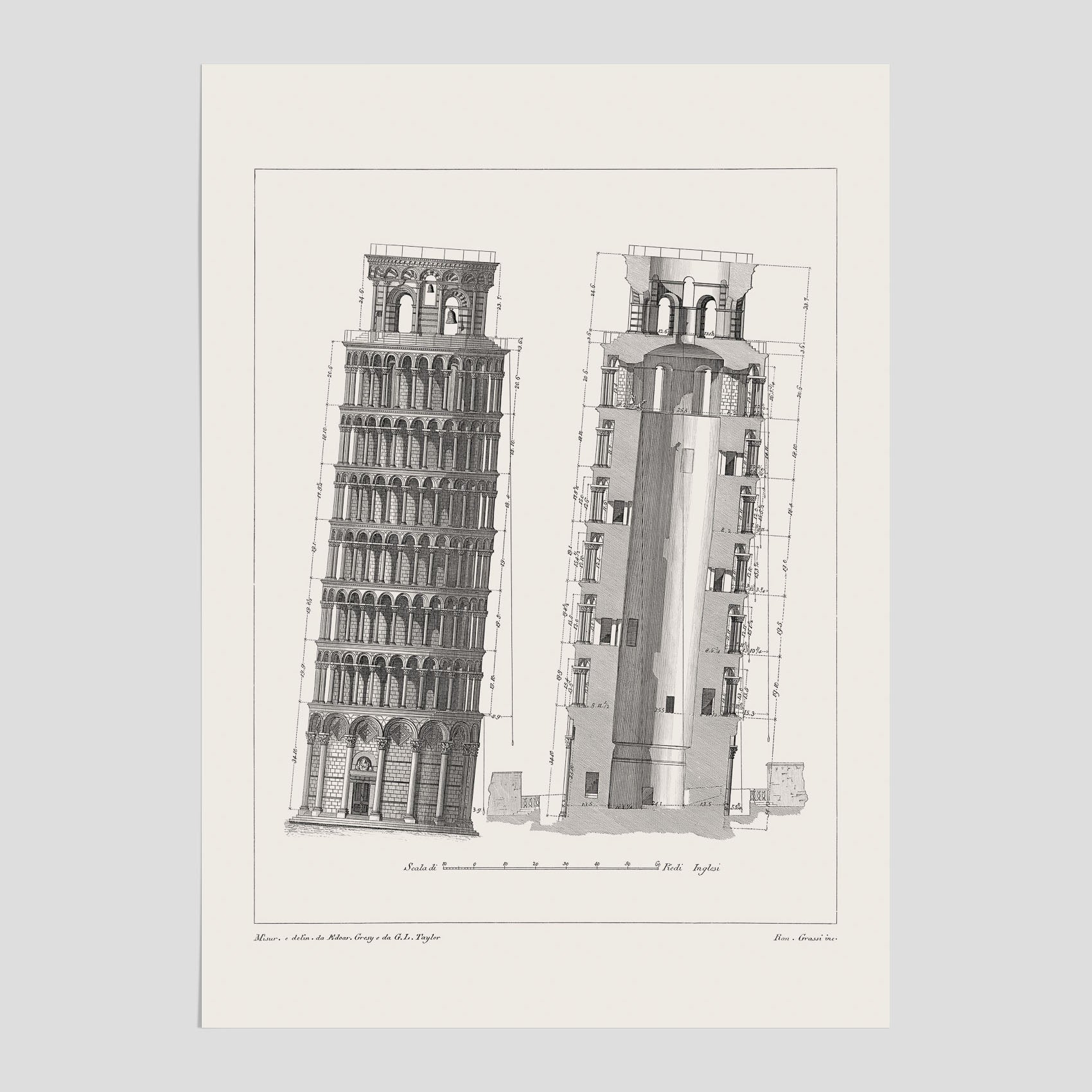 Vintageposter med illustration av Lutande tornet i Pisa, arkitektritning