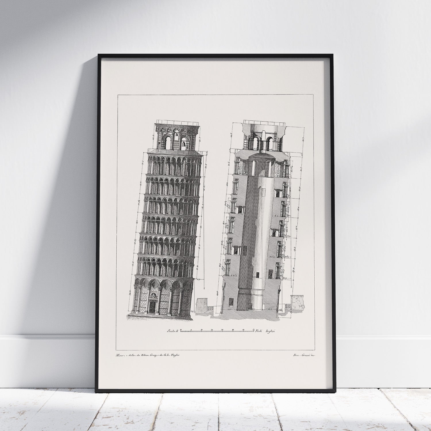 Tavla med en vintageposter som visar en illustration av Lutande tornet i Pisa, arkitektritning